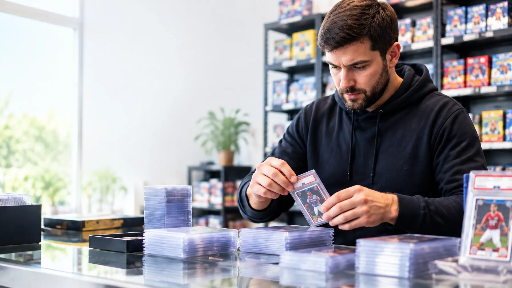 A trading card shop owner preparing a card for protection at the counter